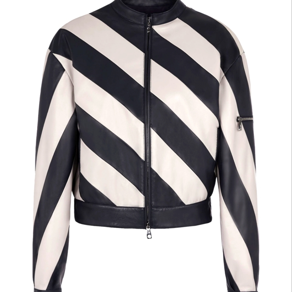 WOMEN DIAGONAL STRIPE LADIES LAMB LEATHER COAT